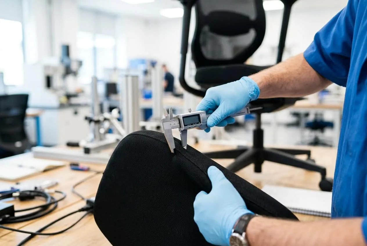 Inspector measuring an office chair seat with calipers during quality testing