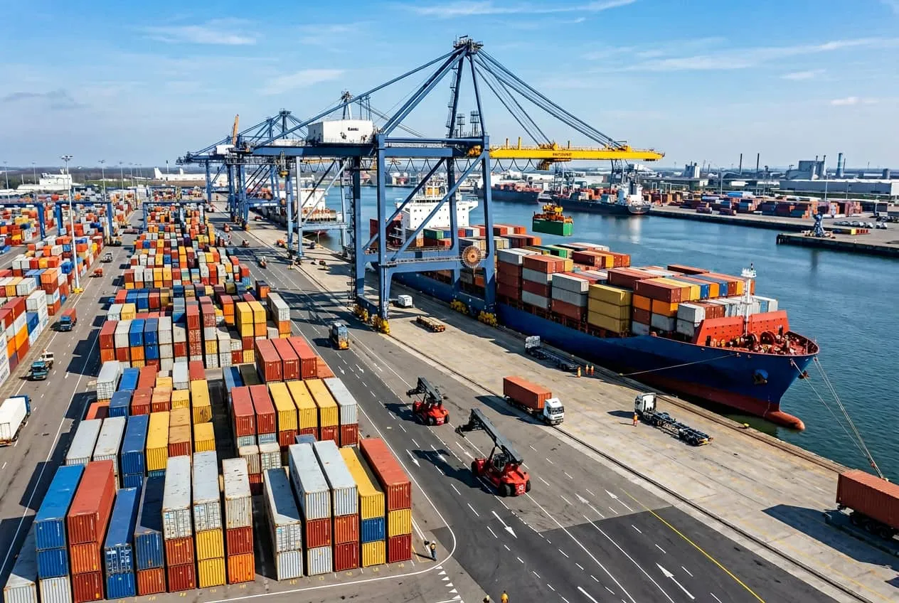 Shipping containers stacked at a port with a cargo vessel being loaded by gantry cranes