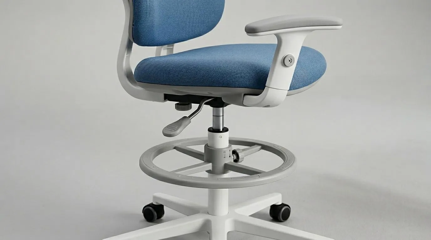 Children's study chair showing adjustable seat height, footrest, and removable armrests